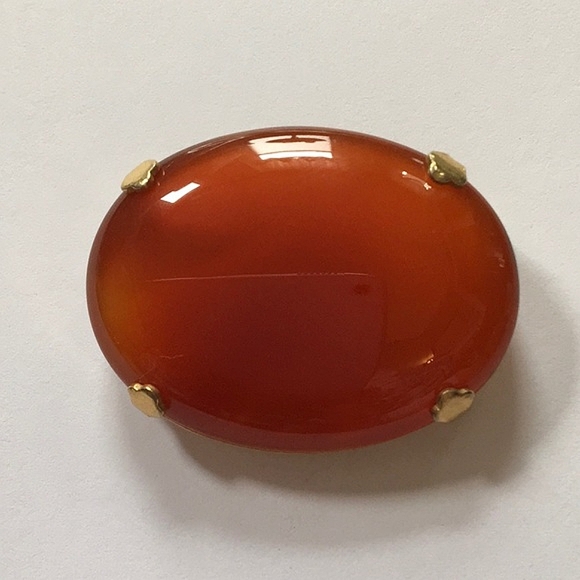 Carnelian Agate Unsigned Oval Stone Brooch Pin Prong Set Gold Tone Rope Setting - Picture 9 of 11
